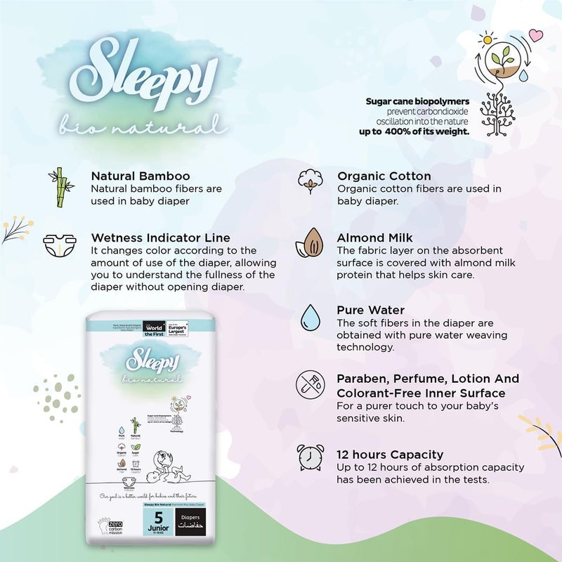 Sleepy Bio Natural Premium Plus Baby Diapers - 200 Count, Size 5 Junior (11-18 kg), Hypoallergenic, Vegan, Leakproof - Image 5